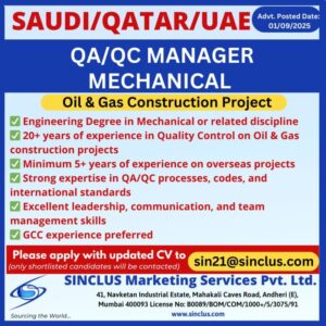 Saudi / Qatar / UAE Jobs – QA/QC Manager (Mechanical)
