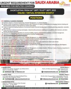 🏭 Urgent Requirement for Saudi Arabia – Reputed Company
