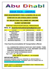 🛠️ ASIAN TECH – Chennai Hiring for Abu Dhabi (Oil & Gas Shutdown Jobs)