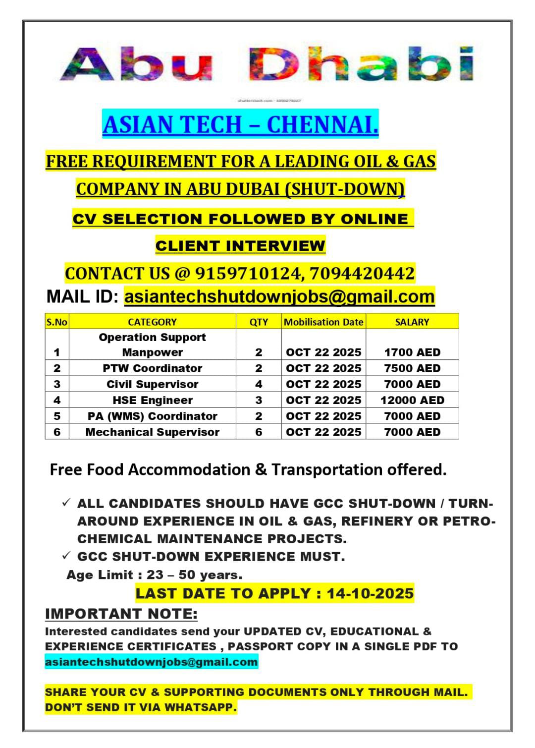 🛠️ ASIAN TECH – Chennai Hiring for Abu Dhabi (Oil & Gas Shutdown Jobs)