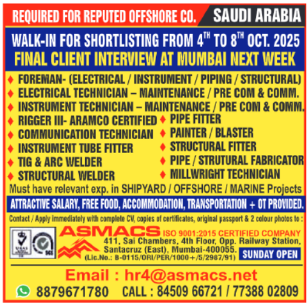 🇸🇦 Offshore Dream Job Alert! Reputed Saudi Co. Hiring Technicians & Foremen – Walk-in Starts Oct 4th!