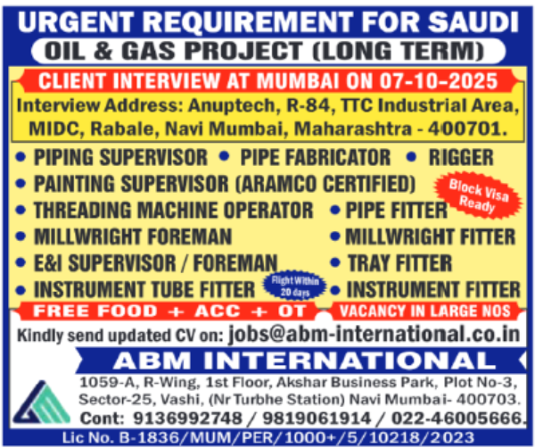 🔥 Block Visa Ready! Urgent Saudi Oil & Gas Jobs – Client Interview in Mumbai on Oct 7th!
