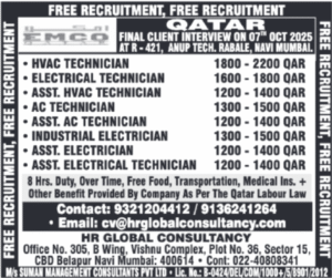 🇶🇦 FREE Recruitment! HVAC & Electrical Technician Jobs in Qatar – Interview on 7th Oct 2025!