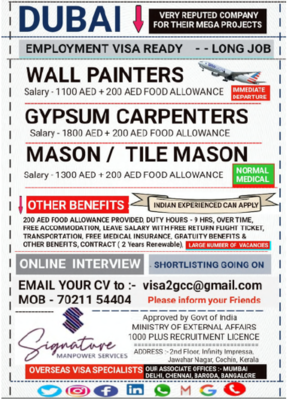🧱 Dubai Jobs 2025 – Wall Painters, Carpenters & Masons | Long-Term Employment