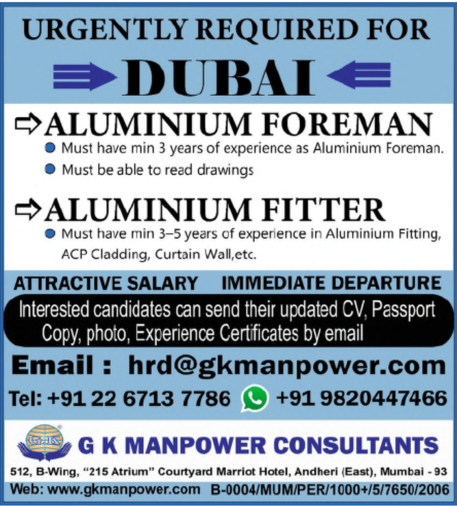 🏗️ Overseas Job Vacancy – Dubai | Aluminium Foreman & Fitter Jobs