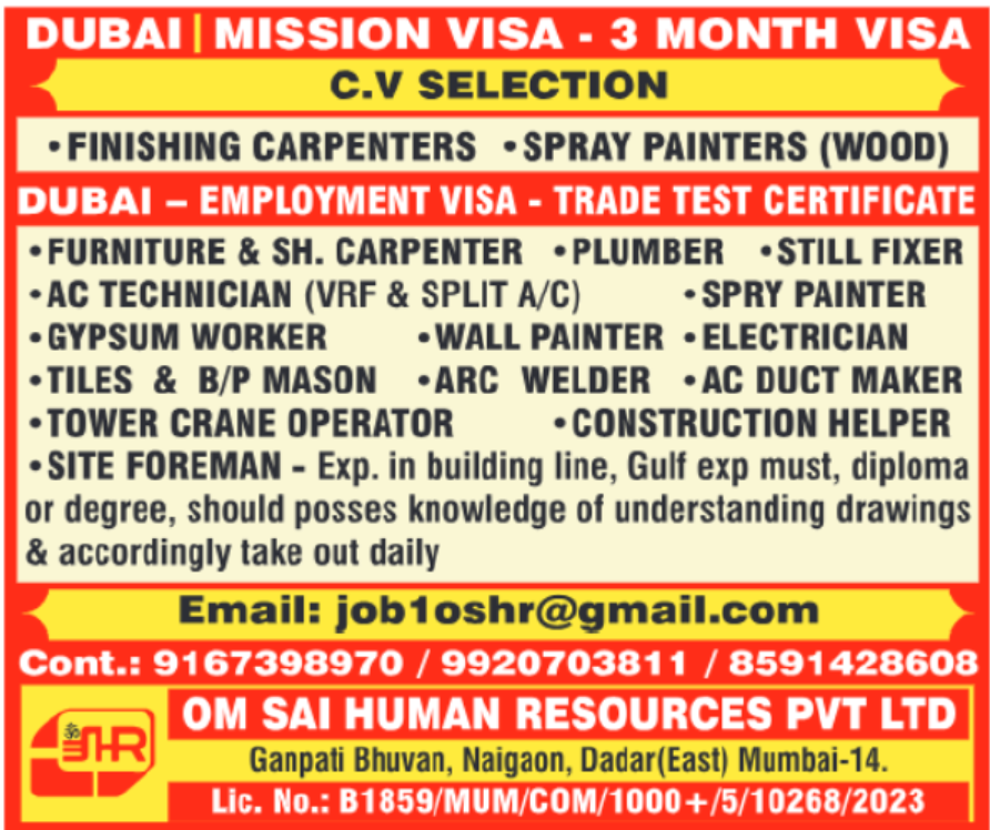 🏗️ Dubai Mission Visa & Employment Visa Openings | 3-Month Visa – Apply Now