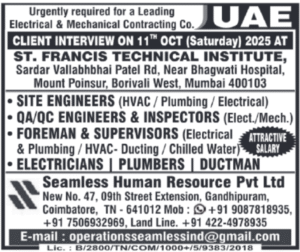 🇦🇪 Leading Electrical & Mechanical Contracting Jobs – UAE | Client Interview on 11th October 2025 (Mumbai)