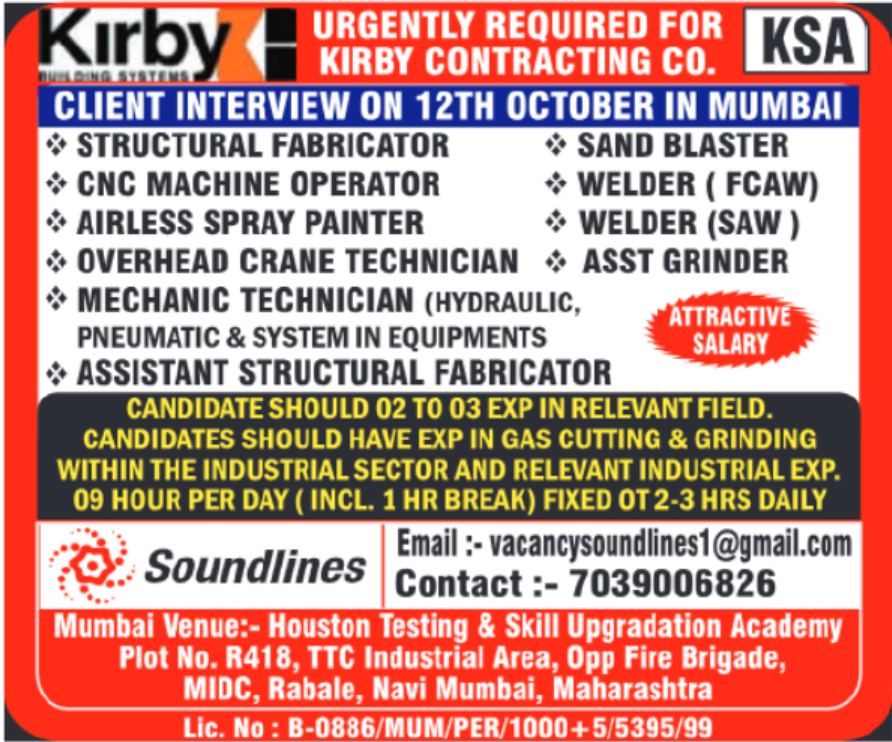 🌍 Urgent Recruitment for Kirby Contracting Co. – KSA | Client Interview on 12th October 2025 in Mumbai