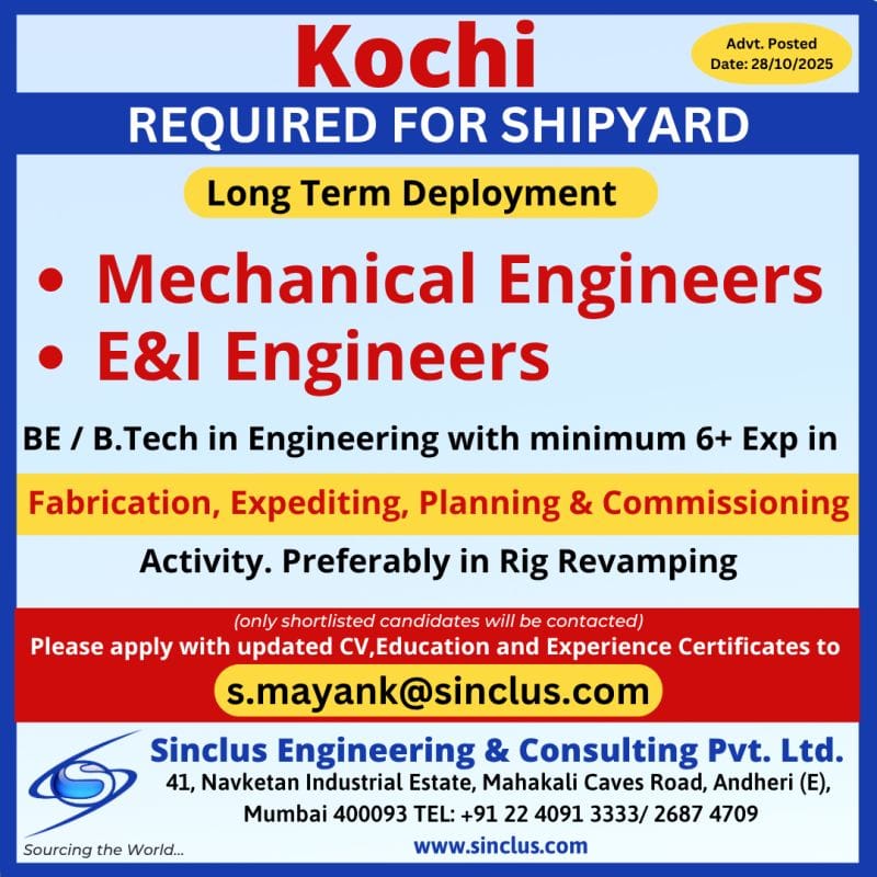 Mechanical and E&I Engineers Required for Shipyard in Kochi (Sinclus Engineering)