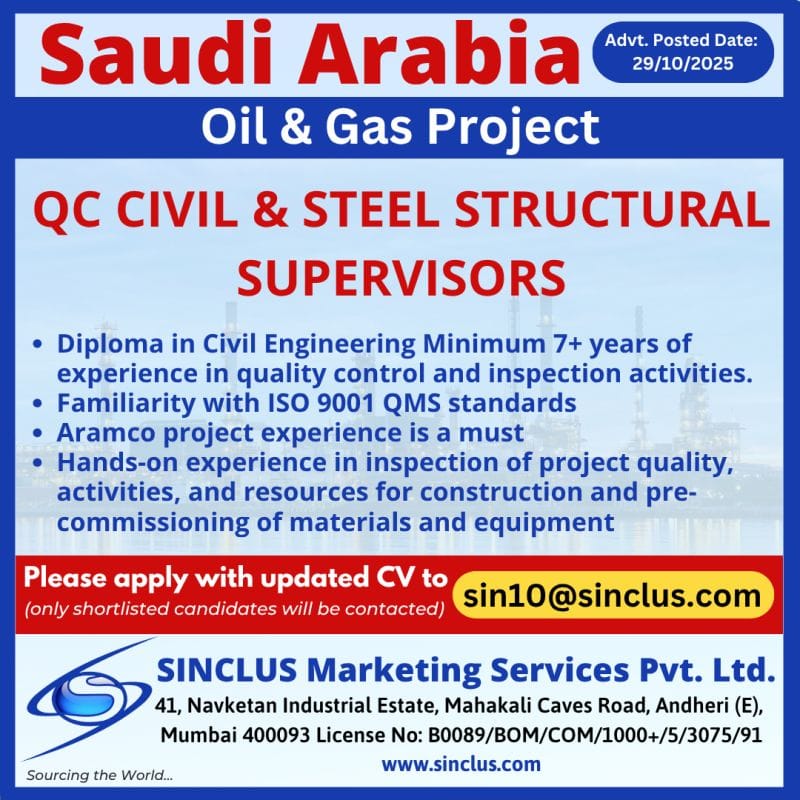 🇸🇦 Saudi Arabia: QC Civil & Steel Structural Supervisors (Oil & Gas Project)