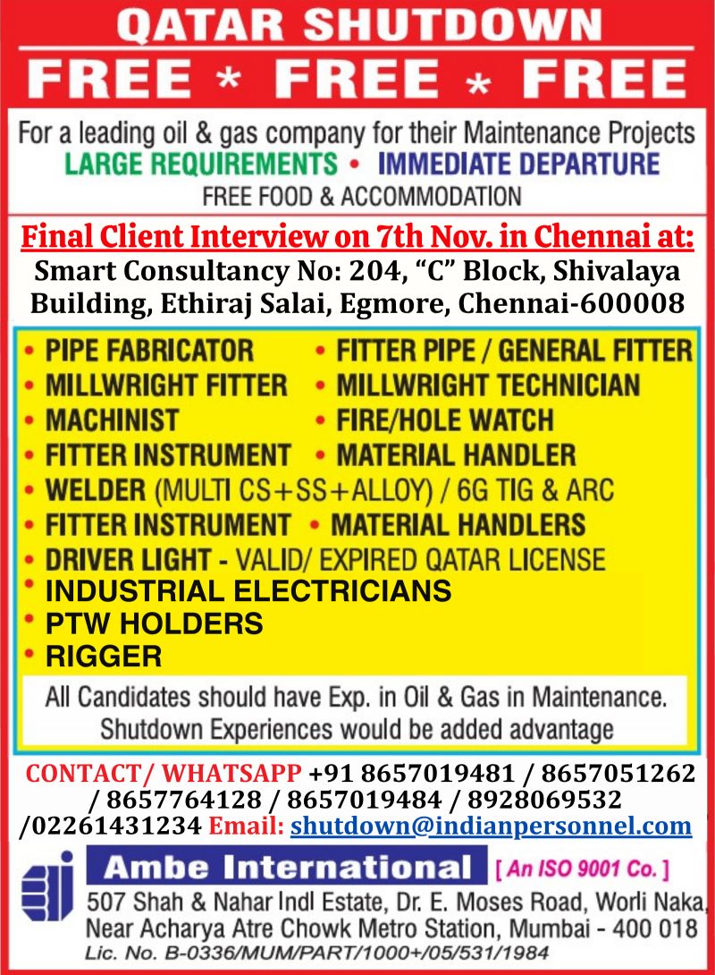 🛠 1️⃣ Qatar Shutdown – Urgent Recruitment Drive (Free Recruitment)