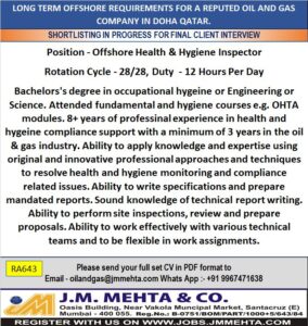 🌊  Offshore Health & Hygiene Inspector – Qatar (Long Term)