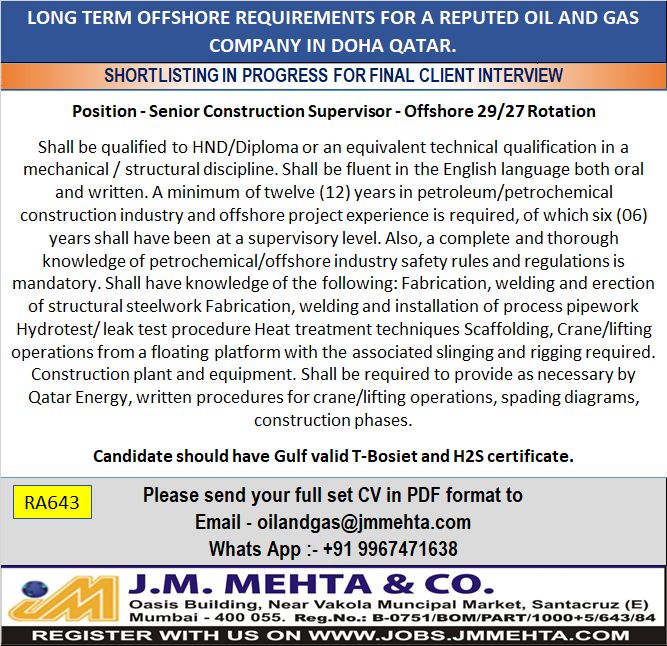 ⚙️ Senior Construction Supervisor – Offshore (Qatar)
