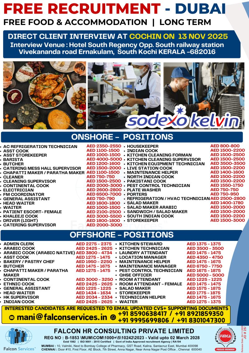 Free Recruitment for Dubai – Sodexo Kelvin | Direct Client Interview at Cochin 🇮🇳✈️🇦🇪
