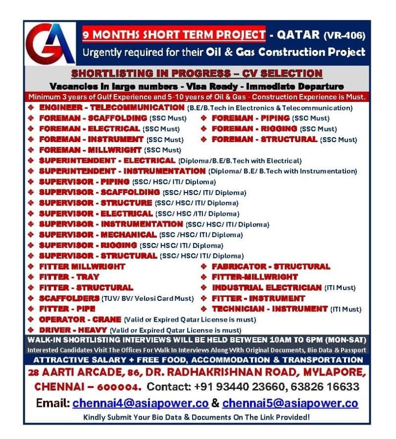 🇶🇦 9-Month Short-Term Project: Massive Hiring for Qatar Oil & Gas Construction