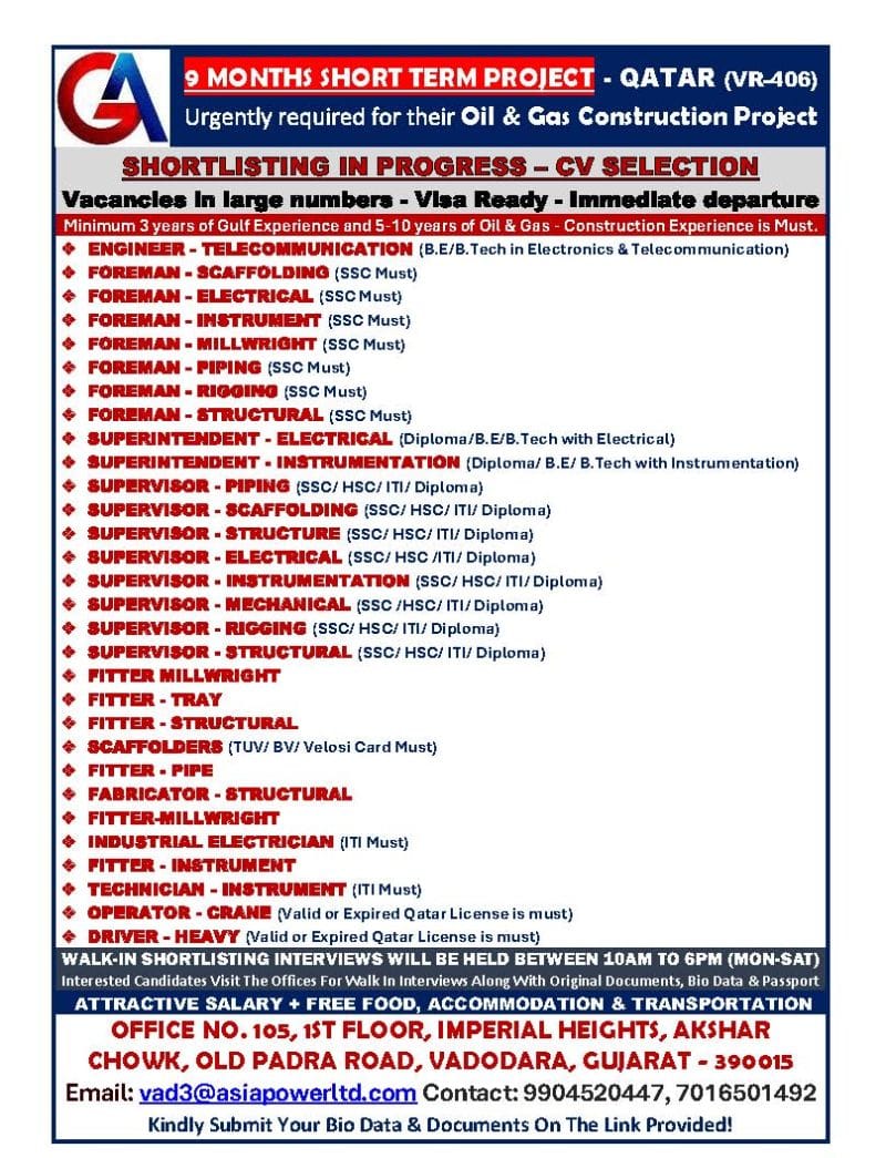 🌍 Urgent Recruitment for Qatar 🇶🇦 | Oil & Gas Short-Term Project | Walk-In Interviews in India | AsiaPower 2025 Jobs