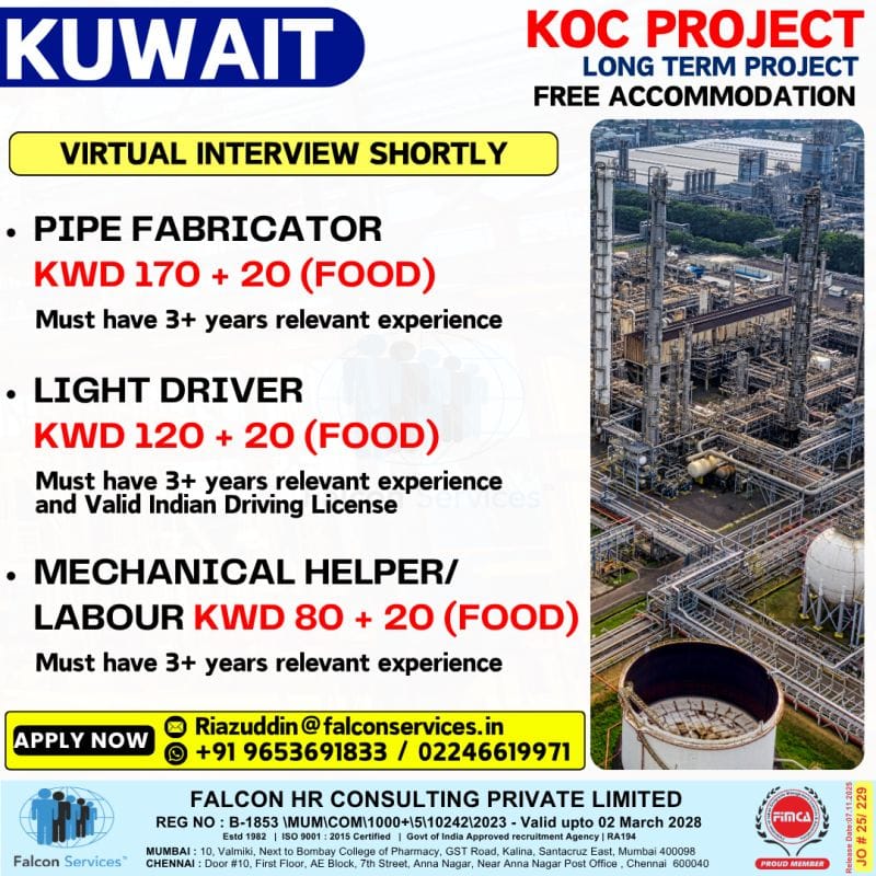 🇰🇼 Kuwait Jobs – KOC Project (Long Term)|🏗️ Virtual Interview Soon | 🏠 Free Accommodation | 🍱 Food Allowance Included
