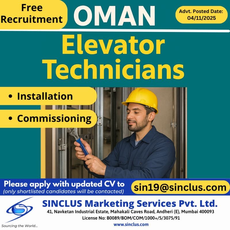 🇴🇲 Free Recruitment: Elevator Technicians (Oman)