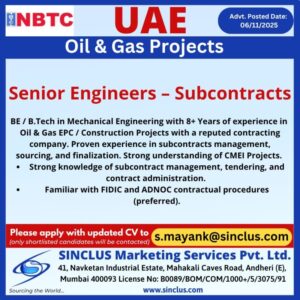 🇦🇪 NBTC Oil & Gas Projects: Senior Engineer – Subcontracts (UAE)