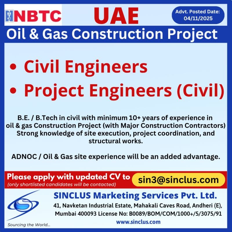 🇦🇪 NBTC Oil & Gas Construction Project: Civil Engineers (UAE)