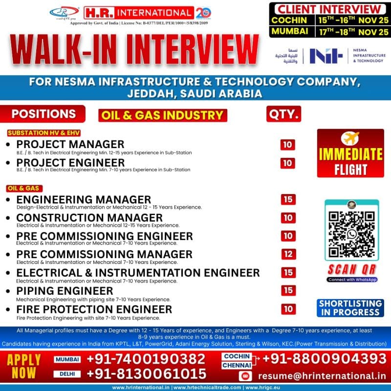 🇸🇦 Walk-In Interviews: NESMA Oil & Gas Industry Roles (Jeddah, KSA)