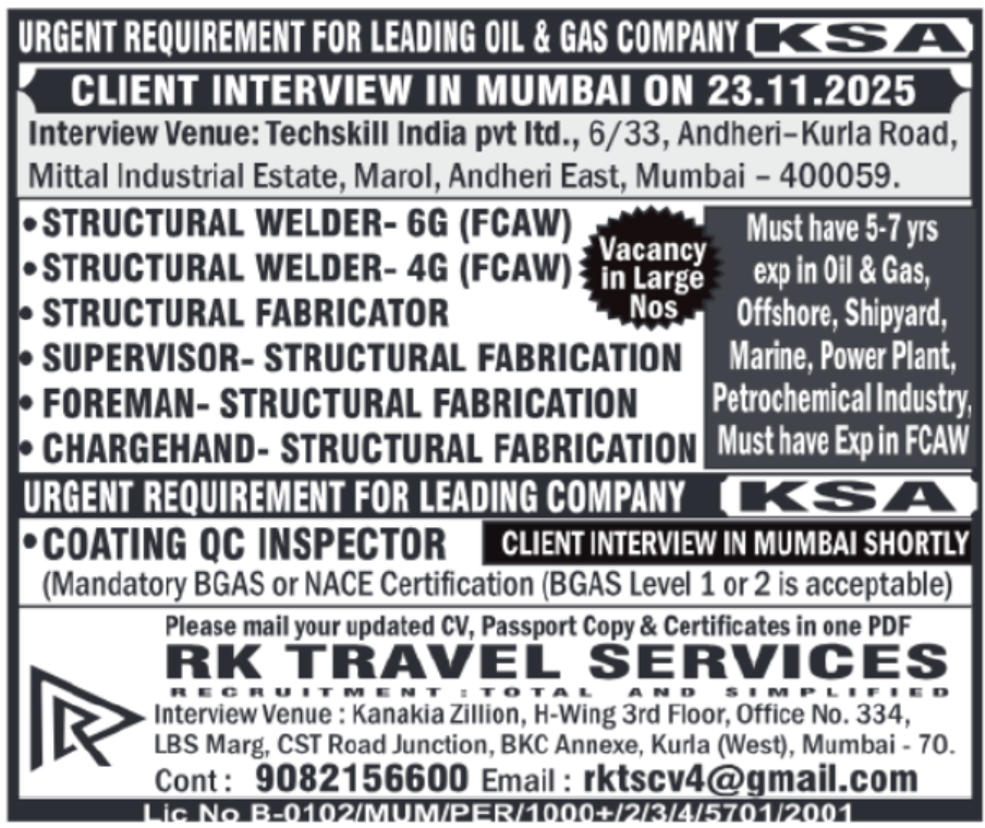 URGENT REQUIREMENT FOR LEADING OIL & GAS COMPANY (KSA)