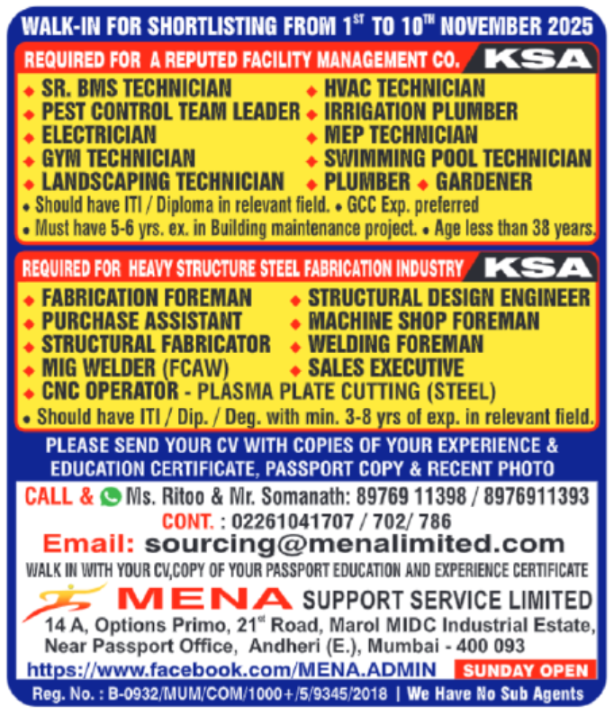 Walk-In Interviews – Saudi Arabia (1st to 10th November 2025)