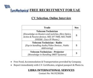 🌍 Free Recruitment for UAE – EuroMechanical | Telecom Technicians Required | Apply Now!