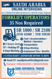🇸🇦 SAUDI ARABIA – Forklift Operators Required