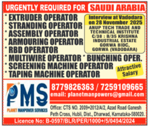 URGENTLY REQUIRED FOR SAUDI ARABIA (PMS – Planet Manpower Services)