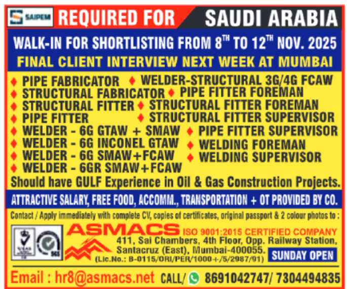 Urgent Job Openings for Saudi Arabia 🇸🇦 | Oil & Gas Construction | Saipem Project