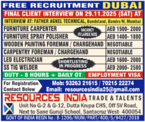 📢 Free Recruitment for Dubai – Resources India | Final Client Interview on 29 November 2025