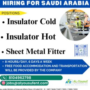 🇸🇦 Hiring for Saudi Arabia – Insulator & Sheet Metal Fitter Jobs | Free Food, Accommodation & Transport 🏗️✨