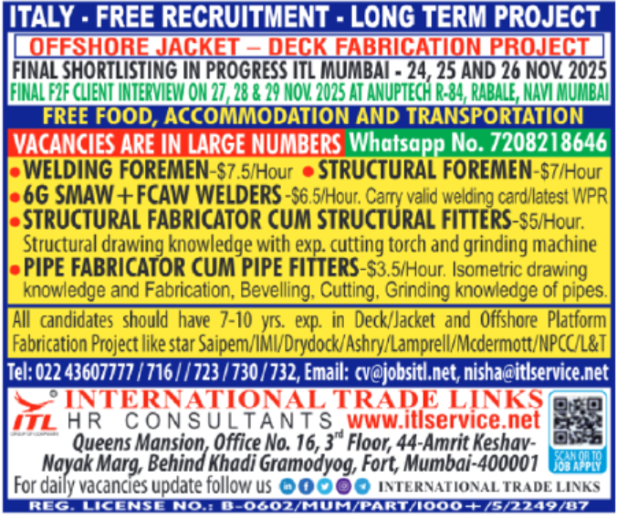 🇮🇹 Italy Jobs – Free Recruitment for Long-Term Offshore Jacket & Deck Fabrication Project
