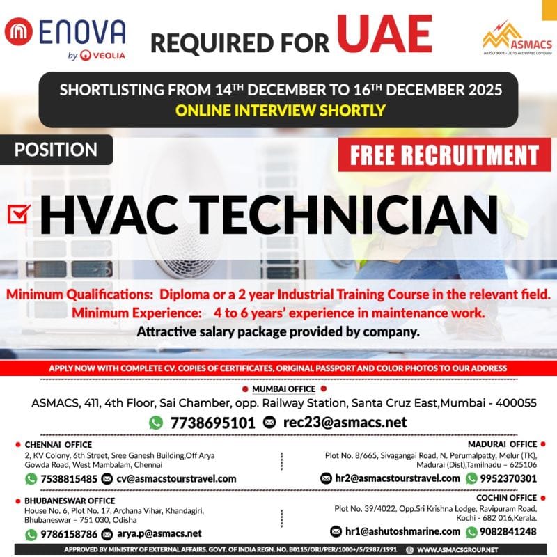 UAE HVAC Technician Jobs (Free Recruitment) 🇦🇪❄️