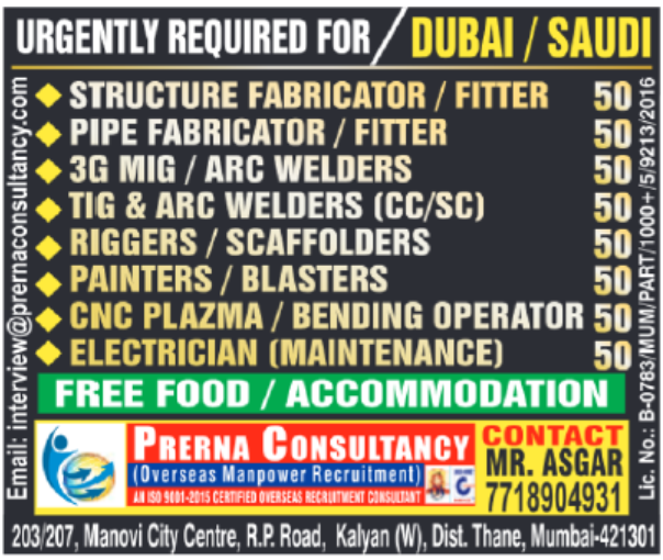 Dubai / Saudi – Urgent Requirement (Prerna Consultancy)