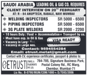 Saudi Arabia Welding Inspector Jobs 2026 – Piping Inspectors & 3G Welders | Visa Ready