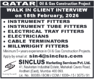 Qatar Oil & Gas Construction Jobs 2026 – Instrument Fitters, Electricians, Millwrights