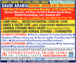 Saudi Arabia Catering Jobs 2026 – Offshore & Onshore Long-Term Projects | Client Interview Mumbai