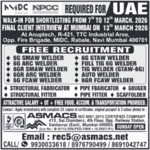 Free Recruitment for UAE – Welders, Fabricators & Scaffolders