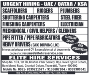 Urgent Hiring for UAE, Qatar & Saudi Arabia – Construction Workers & Technicians