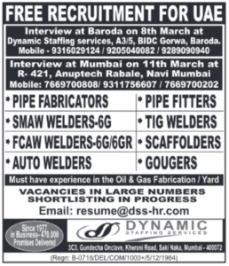 UAE Free Recruitment 2026 – Pipe Fabricators, Welders & Scaffolders Required