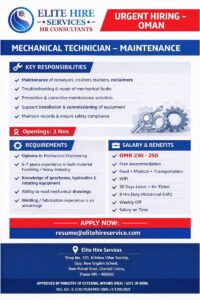 Urgent Hiring – Mechanical Maintenance Technicians in Oman