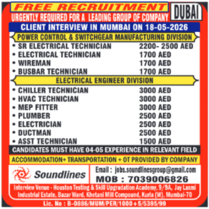 Dubai Electrical Technician & HVAC Jobs – Free Recruitment