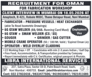 🇴🇲  Workshop Fabrication Vacancies – Oman (Employment Visa)