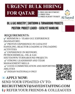 🇶🇦 Urgent Bulk Hiring for Qatar – Project Leader (Catalyst Handling)