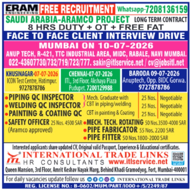 International Trade Links is hiring experienced professionals for Aramco Oil & Gas