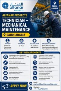 🇸🇦 Saudi Arabia – Alfanar Projects | Technician – Mechanical Maintenance