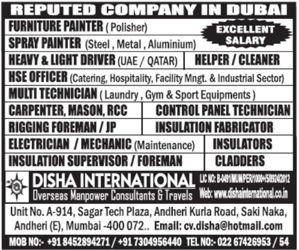 Dubai Jobs 2026 for Electrician Mechanic Painter Driver HSE Officer and Technicians 2